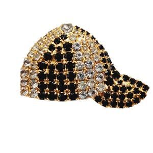 Bauer Baseball Cap Brooch Black Clear Rhinestones Gold Tone Vintage Pin